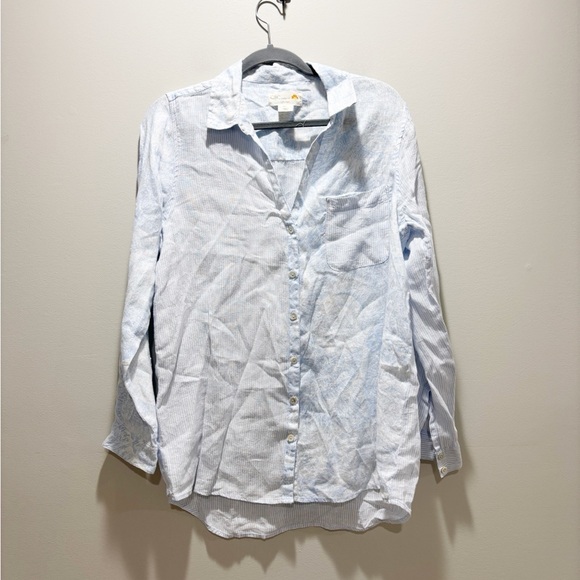 C&C California Tops - C&C California Mixed Print Light Blue Linen Button-Up Shirt Beach Casual L